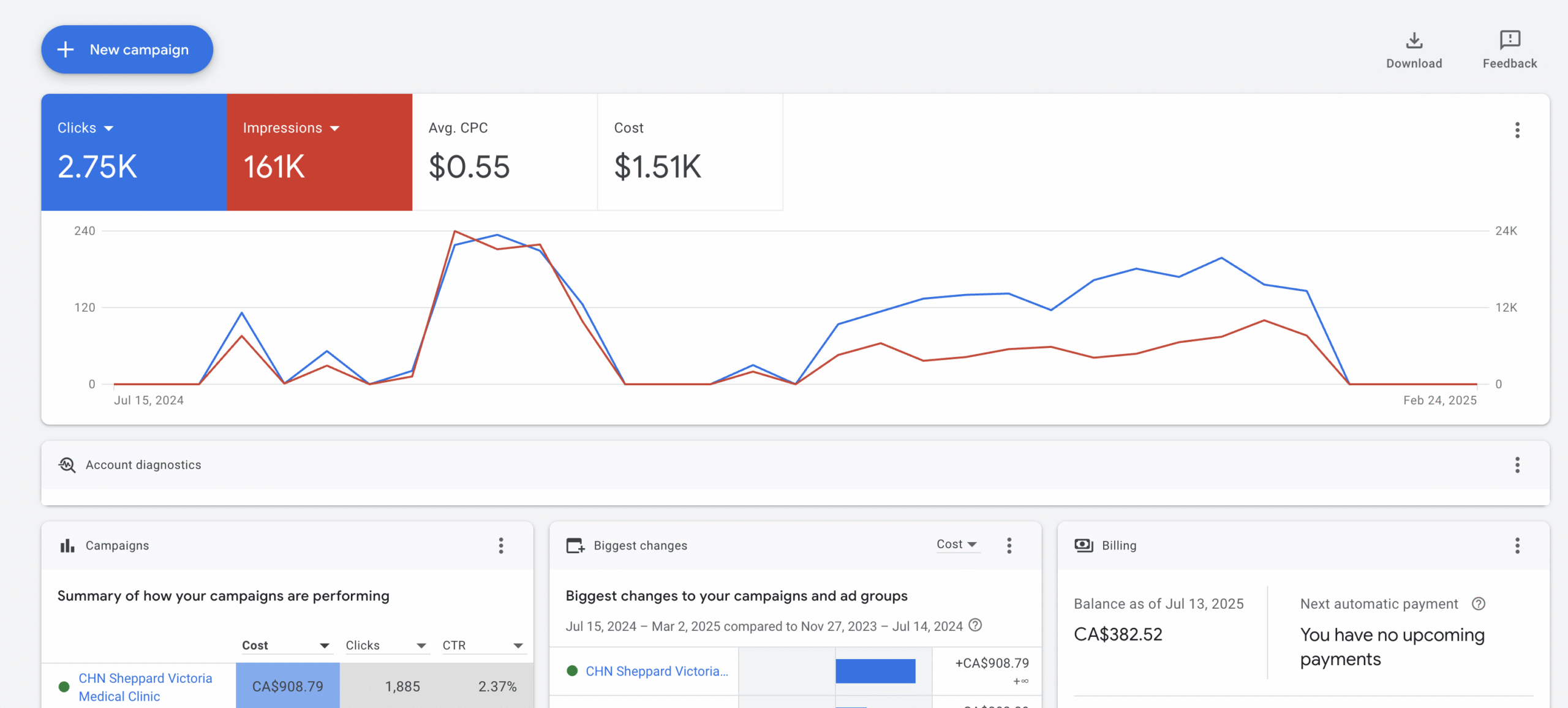 Aimlake Google Ads dashboard and campaign performance view